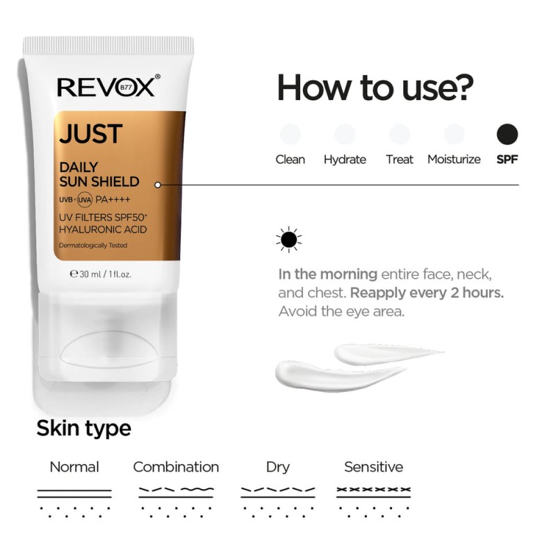 Revox Just Daily Sun Shield SPF50 +Hyaluronic Acid Face Cream | Αντηλιακή-Ενυδατική Κρέμα Προσώπου 30ml